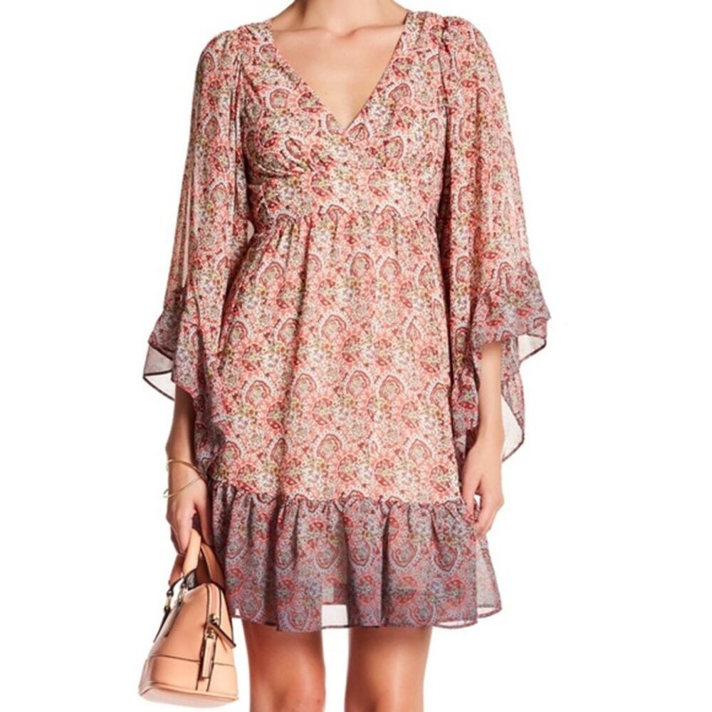 Betsey Johnson Floral Tapestry V Neck Ruffle Empire Dress Bell Sleeve Sz 10